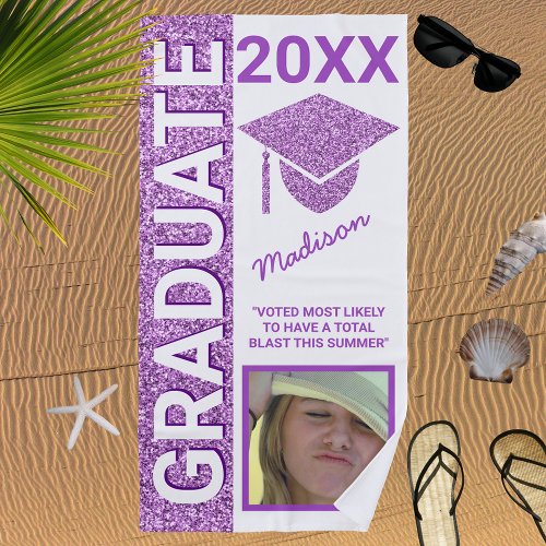 Grad Glam Purple Cap Summer Photo Typography Beach Towel
