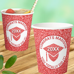 Grad Glam Red Cap Chic Elegant School Party Paper Cups