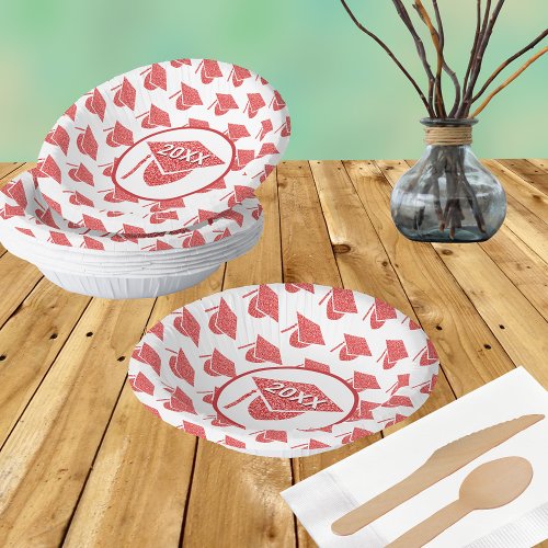 Grad Glam Red Cap Chic School Colors Pattern Paper Bowls