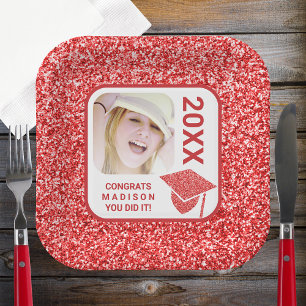 Grad Glam Red Cap Elegant Cool Photo Party Paper Plates