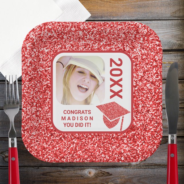 Grad Glam Red Cap Elegant Cool Photo Party Paper Plates (Creator Uploaded)