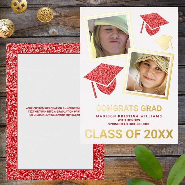 Grad Glam Red Cap Photo Collage Graduate Foil Invitation (Creator Uploaded)