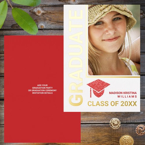 Grad Glam Red Cap Stylish Graduate Photo Foil Invitation