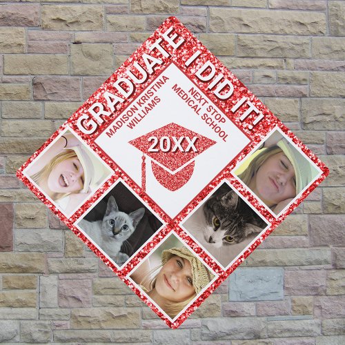 Grad Glam Red Celebration Trendy 5 Photo Graduation Cap Topper