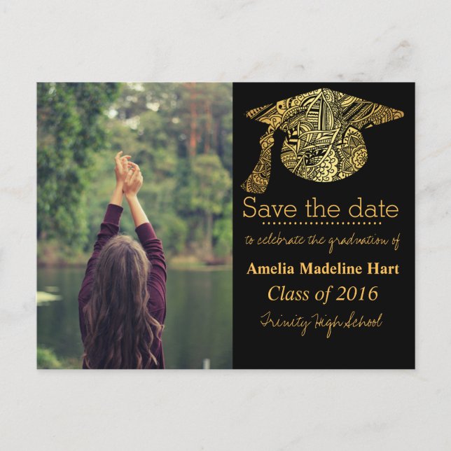 Grad Gold Bohemian Hat Save The Date Photo Announcement Postcard (Front)