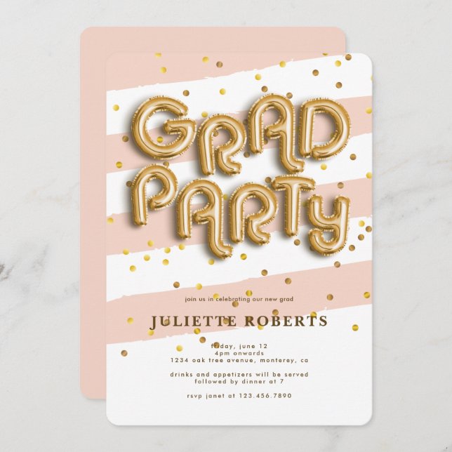Grad Gold Foil Balloon Party Invitation (Front/Back)