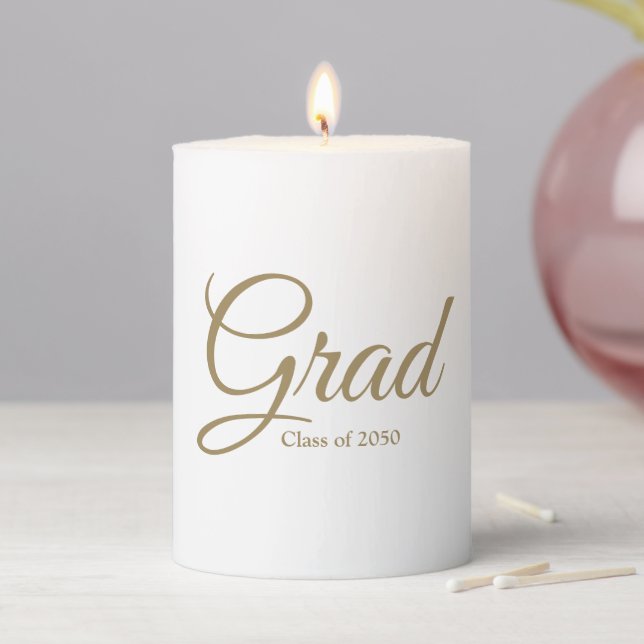Grad gold script class date elegant graduation pillar candle (In Situ)