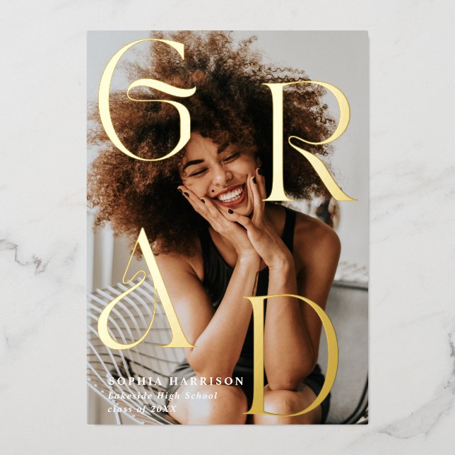 Grad Gold Stacked Letters Typography Graduation Foil Invitation (Front)