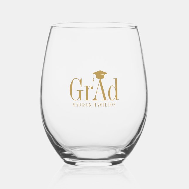 Grad:  Gold Typography Name Graduation Hat Stemless Wine Glass (Front)