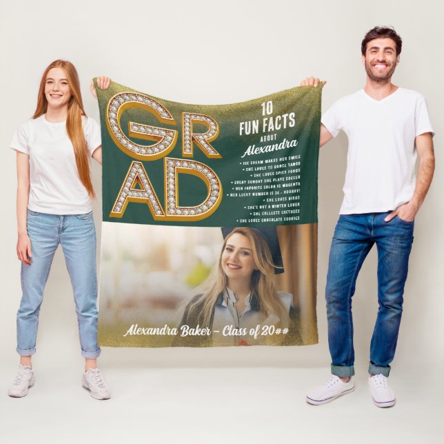 Grad Graduation Gold Glitter Fun Facts Photo Class Fleece Blanket (In Situ)