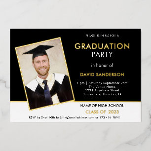 Grad Graduation Party Photo Black White Gold Foil Invitation