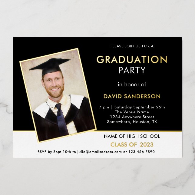 Grad Graduation Party Photo Black White Gold Foil Invitation (Front)