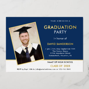 Grad Graduation Party Photo Navy White Gold Foil Invitation