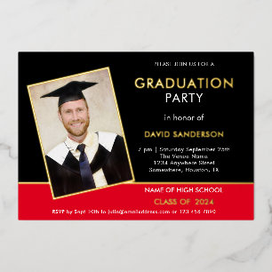 Grad Graduation Party Photo Red Black Gold Foil Invitation