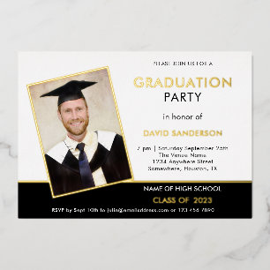 Grad Graduation Party Photo White Black Gold Foil Invitation