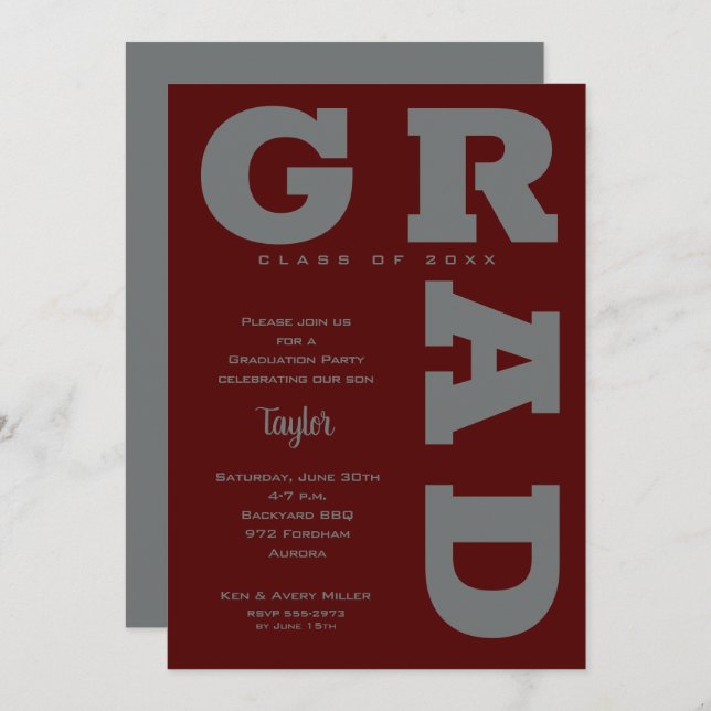 GRAD Gray on Dark Maroon Graduation Invitation (Front/Back)