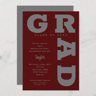 GRAD Gray on Dark Maroon Graduation Invitation