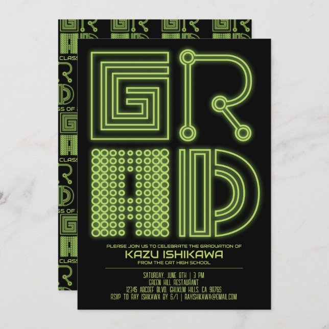 GRAD | Green neon Graduation party Invitation (Front/Back)