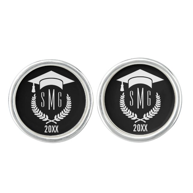 Grad Hat Monogram | Black Cufflinks (Front)