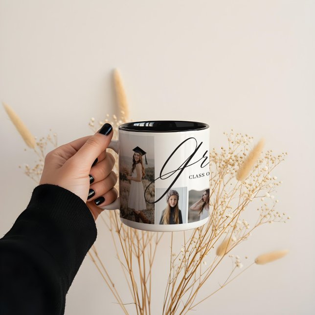 Grad Heart Elegant Script Graduate Photo Collage Two-Tone Coffee Mug (Grad Heart Elegant Script Graduate Photo Collage Two-Tone Coffee Mug)