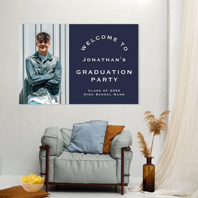 Grad Male Photo Welcome Graduation Party Navy Poster (Creator Uploaded)