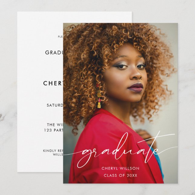 Grad Modern Black Script Photo Overlay Graduation Invitation (Front/Back)