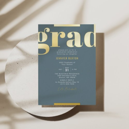 Grad Modern Bold Graduation Party Green  Gold Foil Invitation