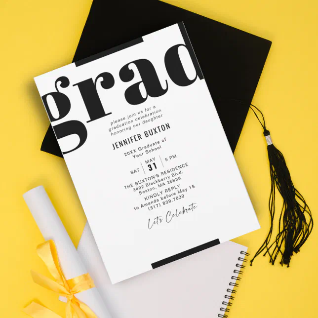 Grad Modern Check Black and White Graduation Party Invitation | Zazzle
