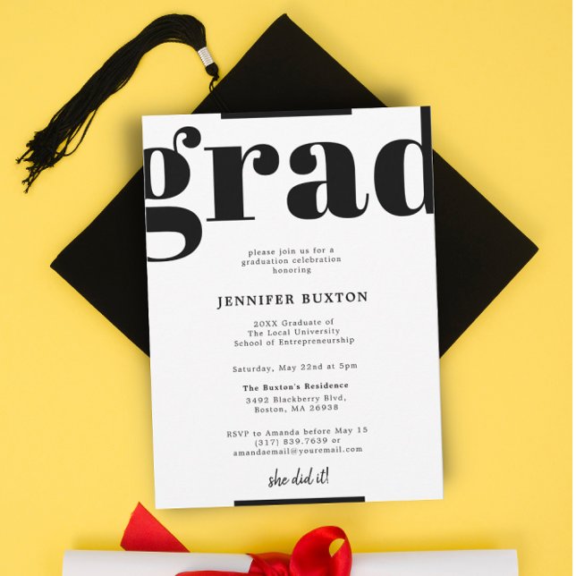 Grad Modern Check Black and White Graduation Party Invitation (Creator Uploaded)