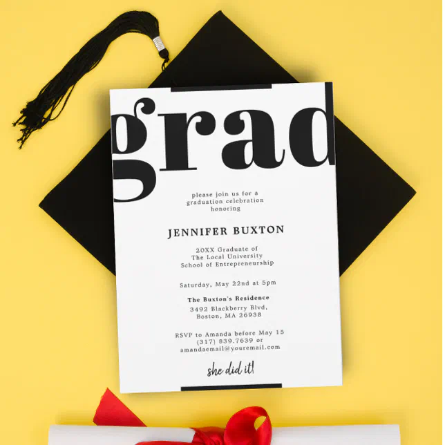 Grad Modern Check Black and White Graduation Party Invitation | Zazzle