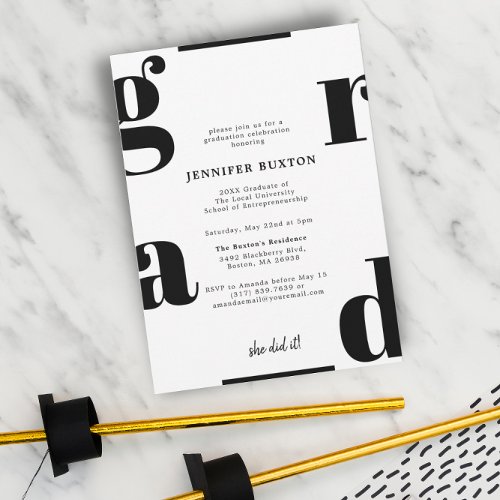 Grad Modern Chic Black and White Graduation Party Invitation