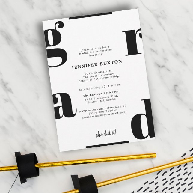 Grad Modern Chic Black and White Graduation Party Invitation (Creator Uploaded)