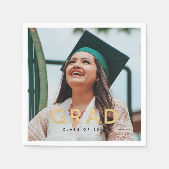 Grad Modern Gold Personalized Photo Graduation Napkins (Front)