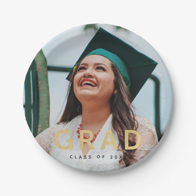 Grad Modern Gold Personalized Photo Graduation  Paper Plates (Front)