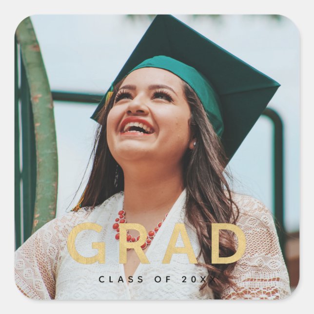Grad Modern Gold Personalized Photo Graduation Square Sticker (Front)