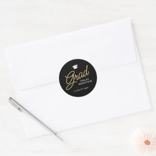 Grad Modern Script Black and Gold Graduation Classic Round Sticker