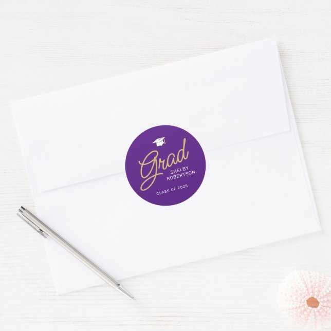 Grad Modern Script Purple and Gold Graduation Classic Round Sticker (Envelope)