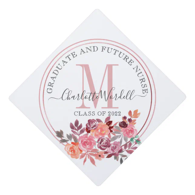 Grad Monogram Future Nurse Blush Pink Floral Graduation Cap Topper | Zazzle