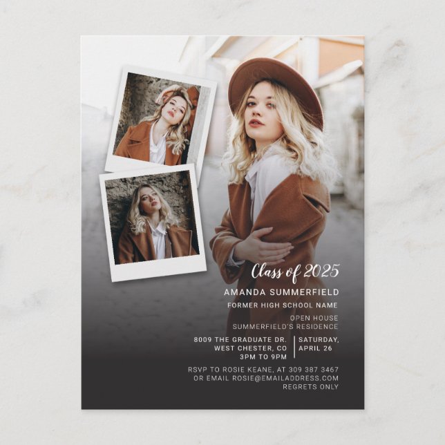 Grad Multi Photo Script Graduation 2025 Party Invitation Postcard (Front)