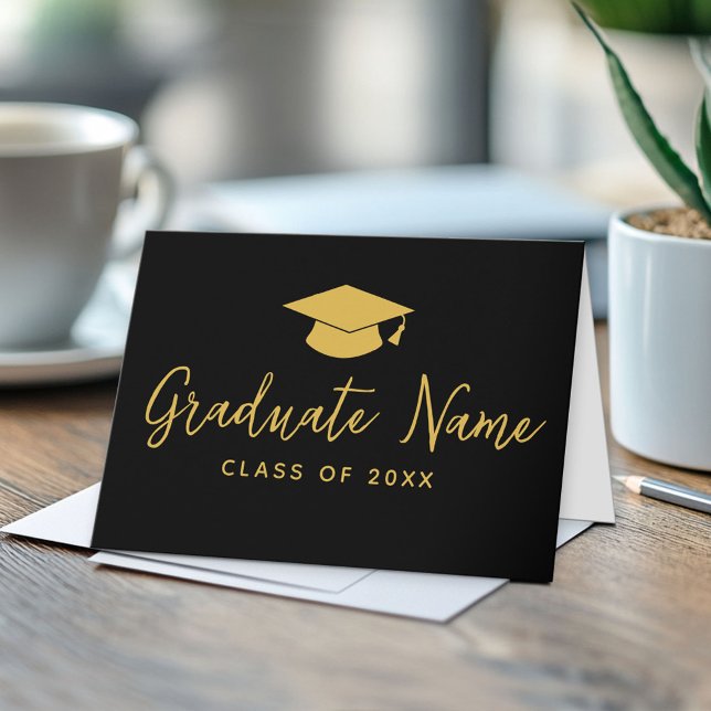 Grad Name Script with Cap - Black Gold Graduation Card (Custom Graduation Note Card)