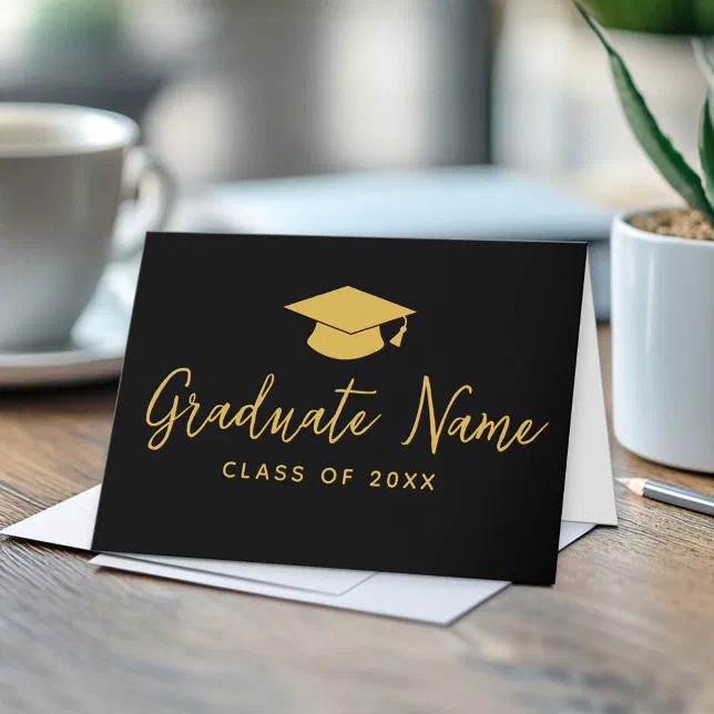 Grad Name Script with Cap - Black Gold Graduation Card | Zazzle
