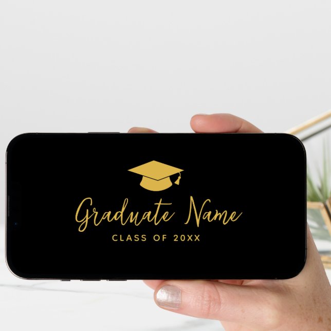 Grad Name Script with Cap - Black Gold Graduation Card (Front Digital)