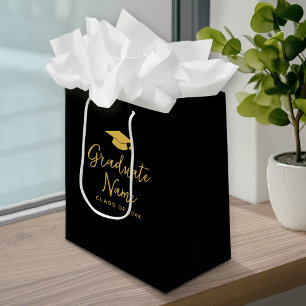 Grad Name Script with Cap - Black Gold Graduation Medium Gift Bag