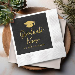 Grad Name Script with Cap - Black Gold Graduation Napkins