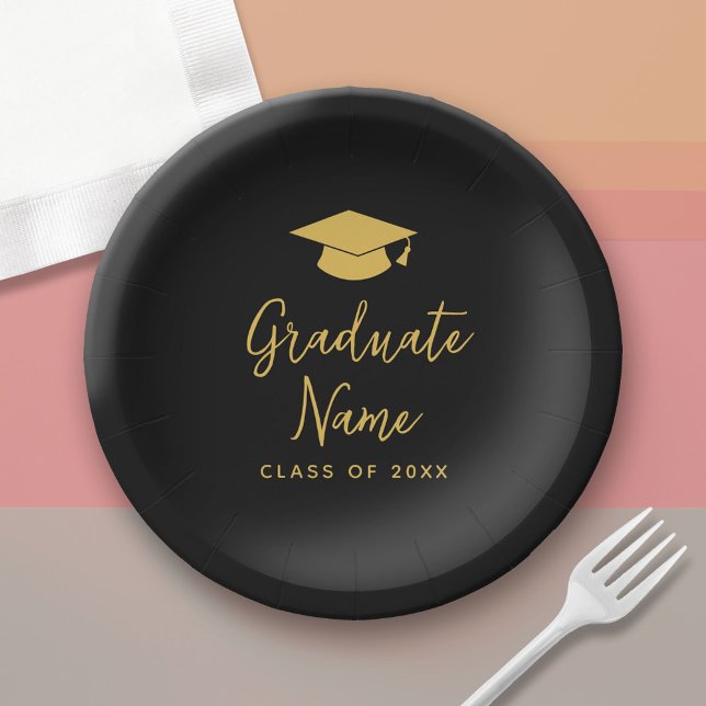 Grad Name Script with Cap - Black Gold Graduation Paper Plates (Custom Graduation Paper Plate)