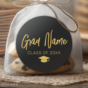 Grad Name Script with Graduation Cap - Black Gold Classic Round Sticker