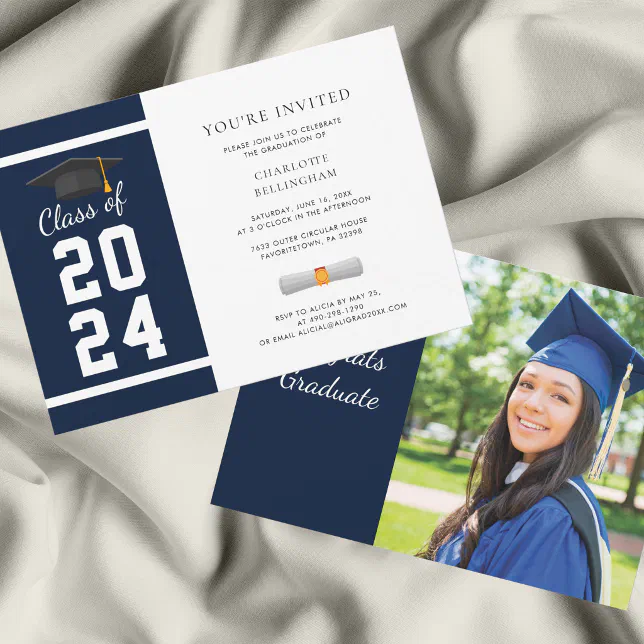 Grad Navy Blue White Photo 2024 Graduation Party Invitation | Zazzle