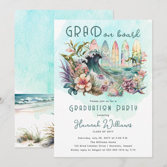 GRAD on Board Tropical Surfing Graduation Party Invitation (Front/Back)