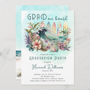 GRAD on Board Tropical Surfing Graduation Party Invitation