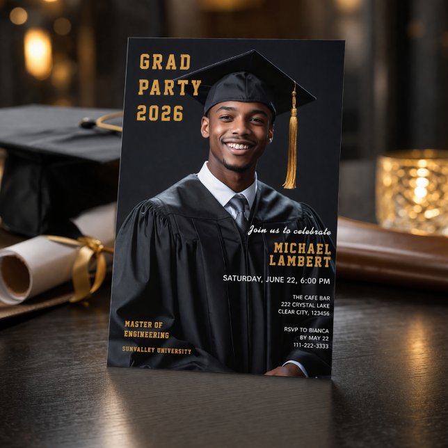 Grad Party 2026 Photo Invitation (Modern Class of 2026 graduation party invitation with photo and elegant gold design)